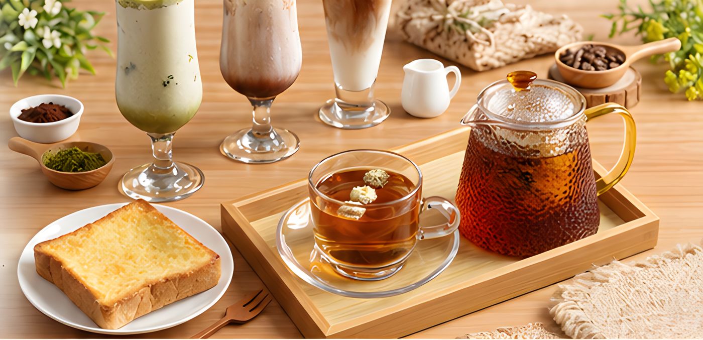 桌上的抹茶奶昔、可可飲、冰咖啡、一壺花茶和一片厚片奶酥
